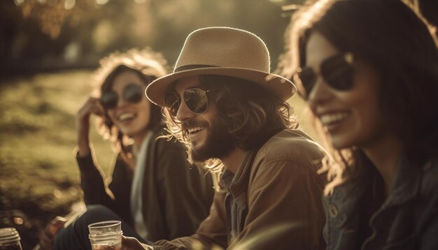 Les jeunes adultes profitent d'un festival de musique avec des amis générés par l'IA