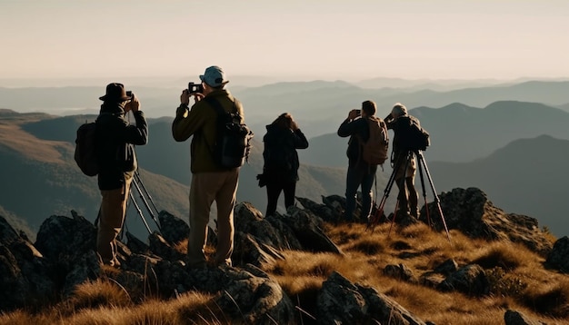 Jeunes adultes en randonnée au sommet d'une montagne photographiant la nature générée par l'IA