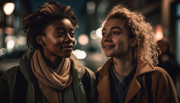 Photo gratuite jeunes adultes souriants profitant ensemble de la vie urbaine générée par l'ia