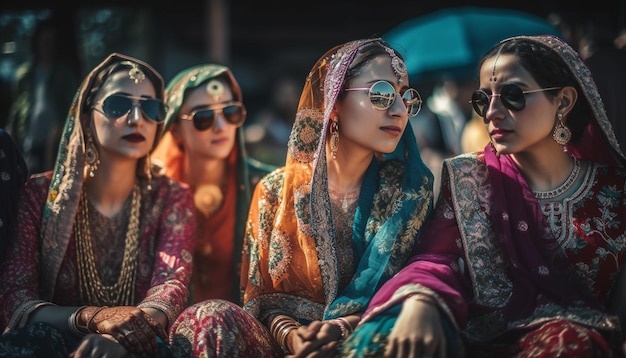 Jeunes adultes souriants vêtus de vêtements traditionnels colorés générés par l'IA