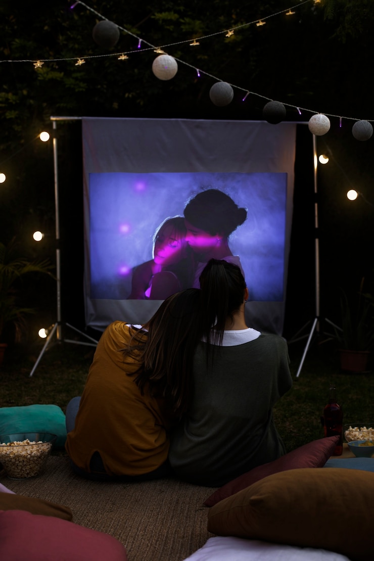 Photo gratuit de jeunes amis qui s'amusent au cinéma en plein air.