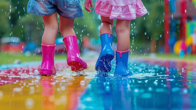 Des jeunes enfants apprécient le bonheur de l'enfance en jouant dans la flaque d'eau après la pluie.