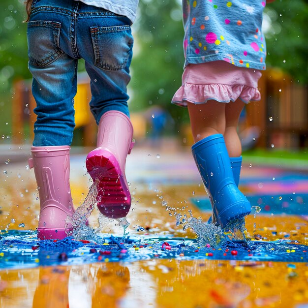 Des jeunes enfants apprécient le bonheur de l'enfance en jouant dans la flaque d'eau après la pluie.