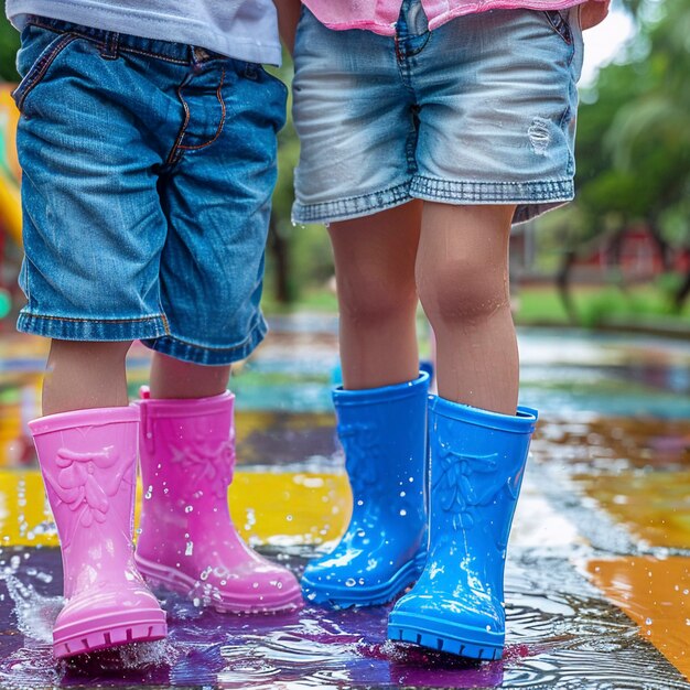 Des jeunes enfants apprécient le bonheur de l'enfance en jouant dans la flaque d'eau après la pluie.