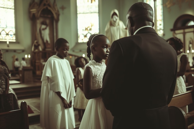 Photo gratuite des jeunes enfants à l'église font leur première communion.