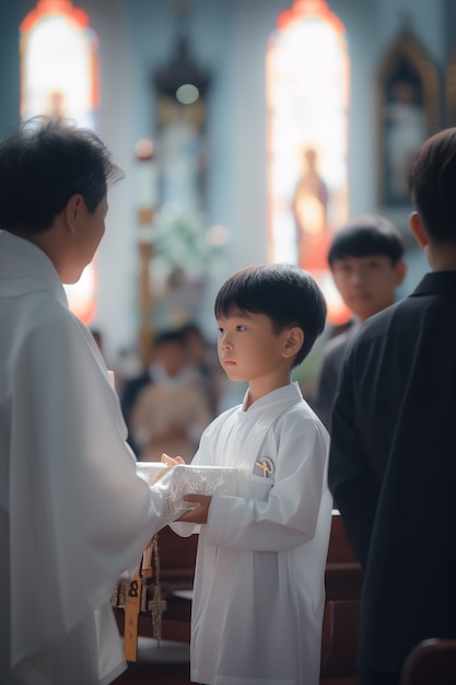 Les jeunes enfants font leur première cérémonie de communion.