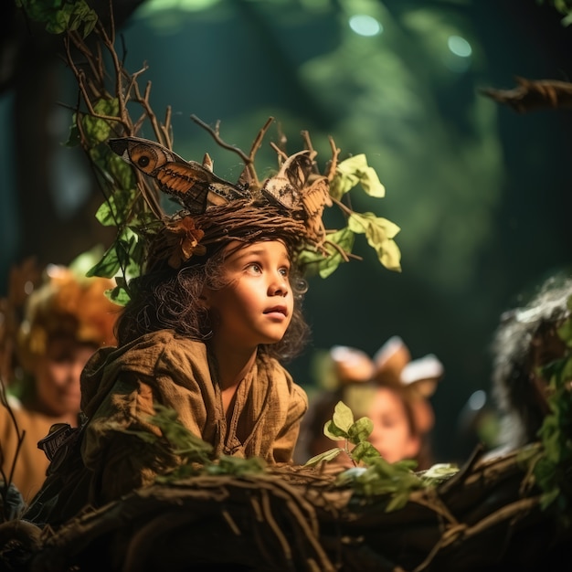 Photo gratuite des jeunes enfants jouent une pièce de théâtre pour célébrer la journée mondiale du théâtre.