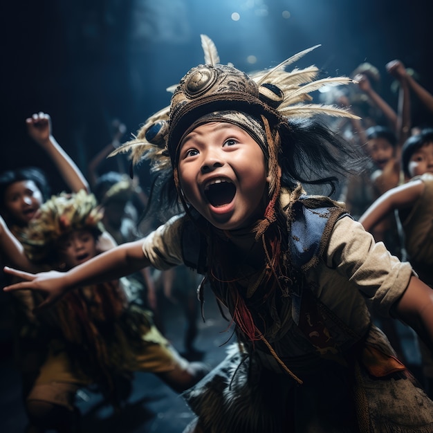Photo gratuite des jeunes enfants jouent une pièce de théâtre pour célébrer la journée mondiale du théâtre.