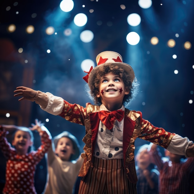 Des jeunes enfants jouent une pièce de théâtre pour célébrer la Journée mondiale du théâtre.