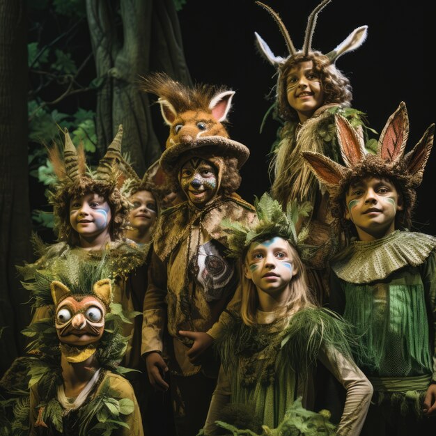 Des jeunes enfants jouent une pièce de théâtre pour célébrer la Journée mondiale du théâtre.