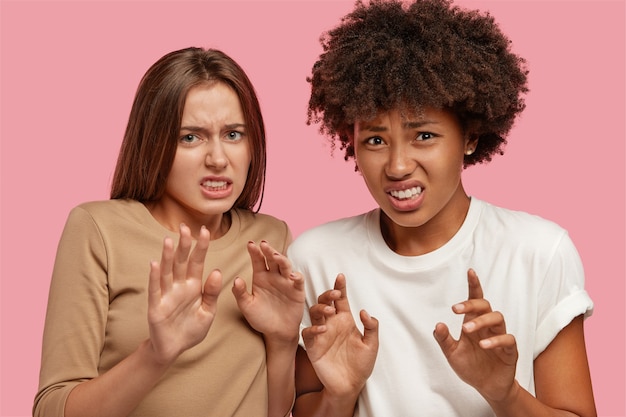 Photo gratuite les jeunes femmes diverses se sentent dégoûtées, voient quelque chose de désagréable, expriment de l'aversion, gardent les mains sur la poitrine