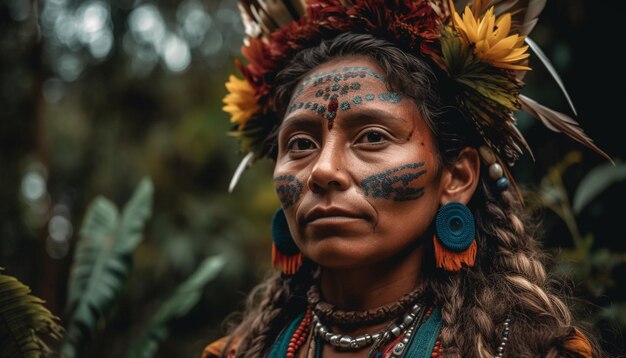 Jeunes femmes souriantes en vêtements traditionnels à l'extérieur générées par l'IA