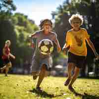 Photo gratuite jeunes footballeurs pendant un match avec ballon