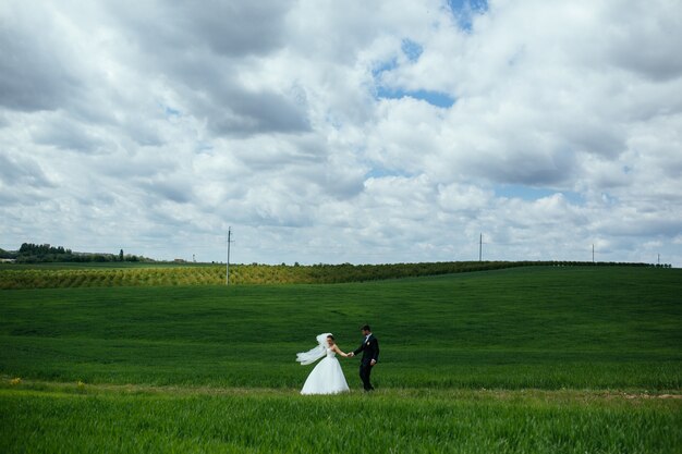 jeunes mariés heureux dans la prairie