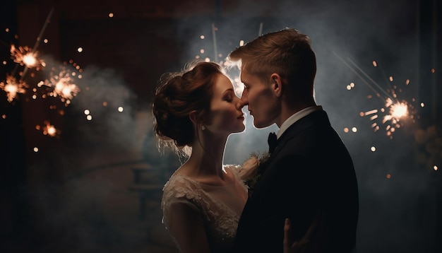 Photo gratuite les jeunes mariés s'embrassent dans une danse de nuit de noces passionnée générée par l'ia