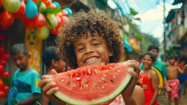 Photo gratuite les jeunes avec de la pastèque fraîche