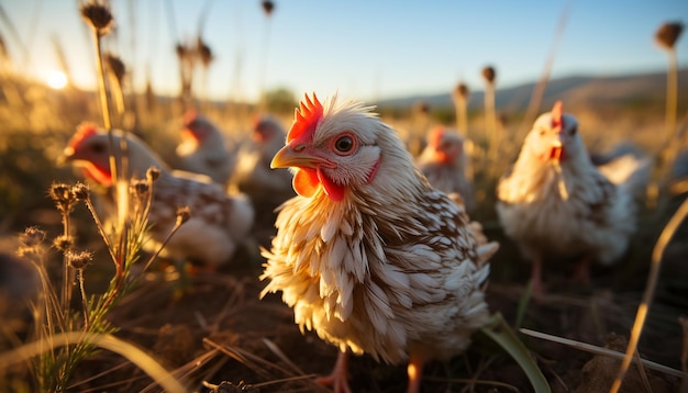 Photo gratuite de jeunes poulets errent librement dans un pré vert au lever du soleil généré par l'intelligence artificielle
