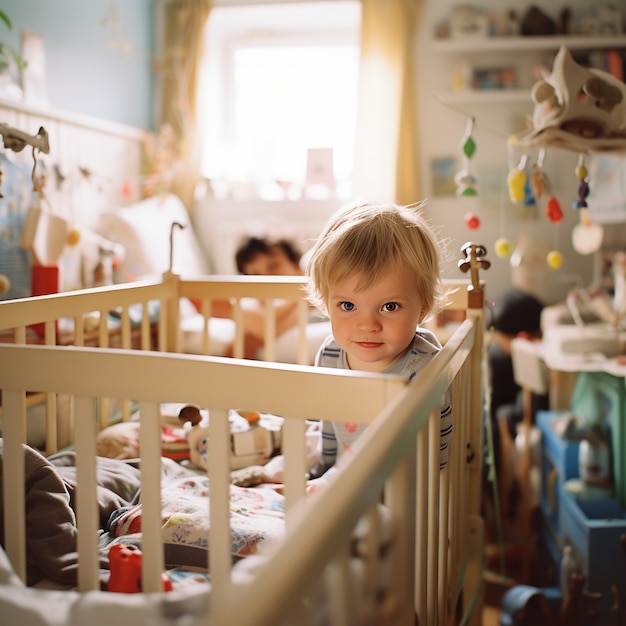 Joli bébé dans un berceau à l'intérieur