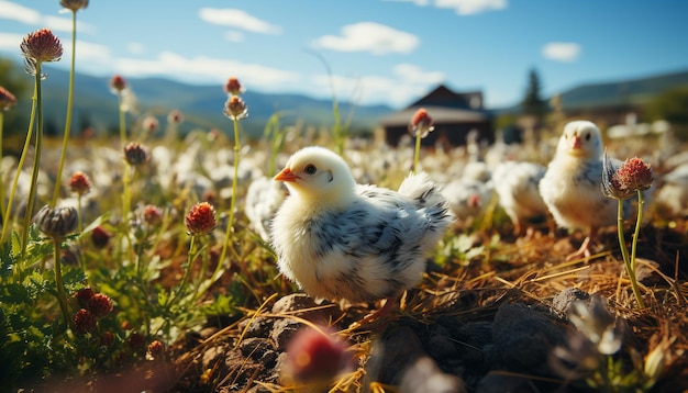 Photo gratuite joli bébé poulet couver la beauté de la nature dans un pré vert généré par l'intelligence artificielle