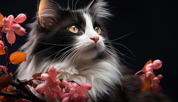 Joli chat domestique assis regardant la caméra entouré de fleurs générées par l'intelligence artificielle