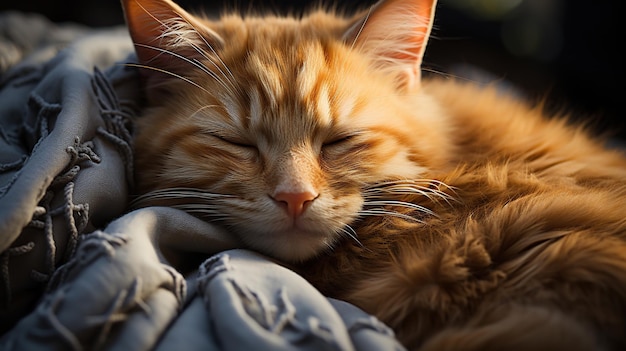 Joli chat roux allongé sur le lit sous une couverture chaude