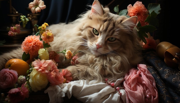 Photo gratuite un joli chaton assis regardant un bouquet de fleurs généré par l'intelligence artificielle