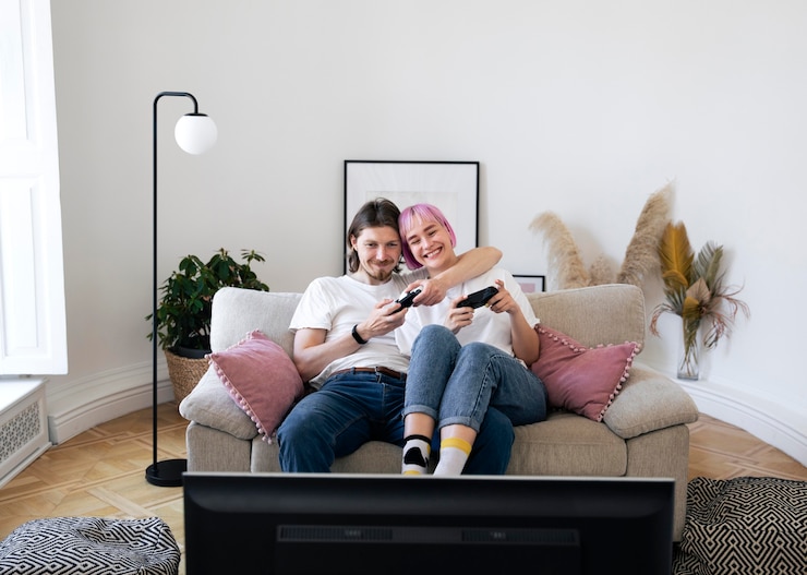 Photo gratuit joli couple jouant à des jeux vidéo