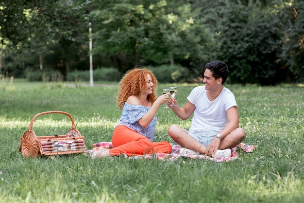 Joli Couple Portant Un Toast Assis Sur Une Couverture