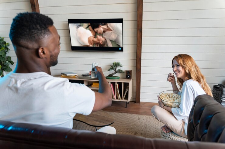 Photo gratuit joli couple regardant un film sur un service de streaming
