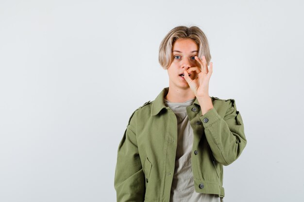 Joli garçon adolescent montrant un geste ok en veste verte et se demandant