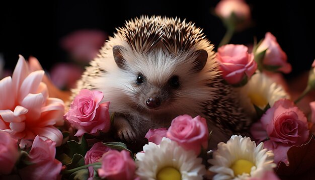 Photo gratuite joli hérisson regardant la caméra avec une décoration de fleurs roses générée par l'intelligence artificielle