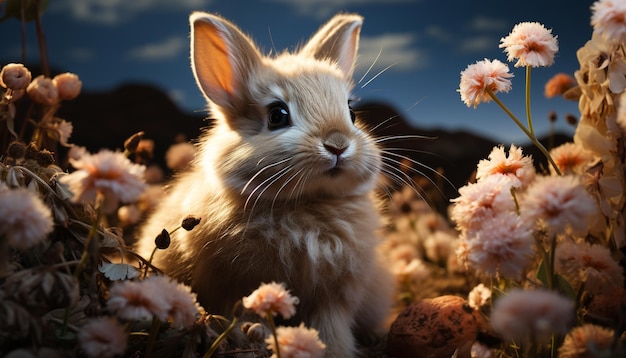 Photo gratuite un joli lapin est assis sur l'herbe entouré de fleurs colorées générées par l'intelligence artificielle