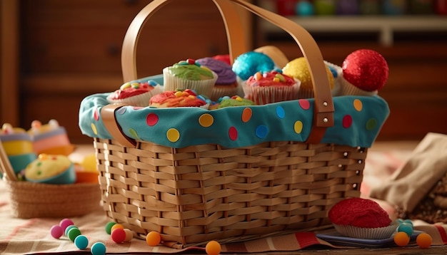 Photo gratuite joli panier en osier rempli de couleurs de fête vibrantes générées par l'ia