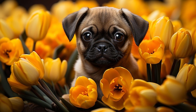 Photo gratuite joli petit chiot assis à l'extérieur entouré de tulipes jaunes générées par l'intelligence artificielle