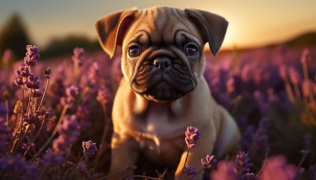 Photo gratuite joli petit chiot assis sur l'herbe regardant le coucher du soleil généré par l'intelligence artificielle