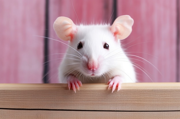 Joli rat blanc debout dans une chambre rose