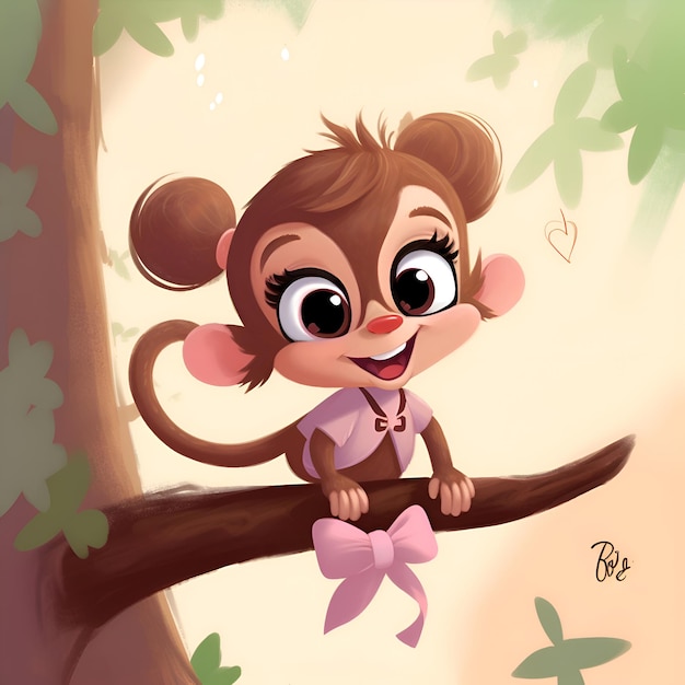 Photo gratuite joli singe de dessin animé assis sur une branche d'arbre avec un arc rose