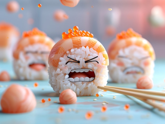 Photo gratuite un joli sushi en 3d avec un visage