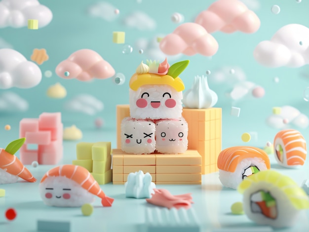 Photo gratuite un joli sushi en 3d avec un visage