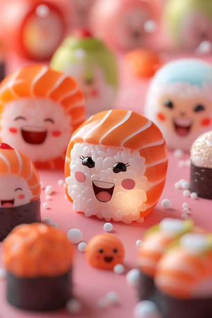 Photo gratuite un joli sushi en 3d avec un visage