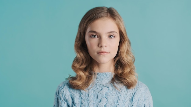 Photo gratuite jolie adolescente aux cheveux blonds vêtue d'un chandail confortable à la confiance devant la caméra sur fond bleu