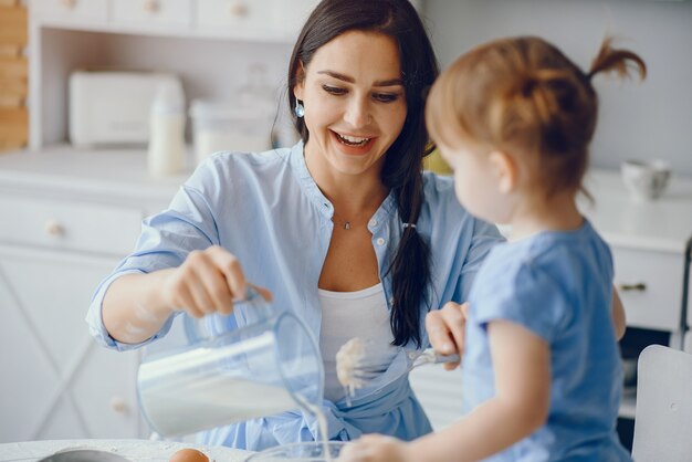 Jolie famille prépare le petit déjeuner dans une cuisine