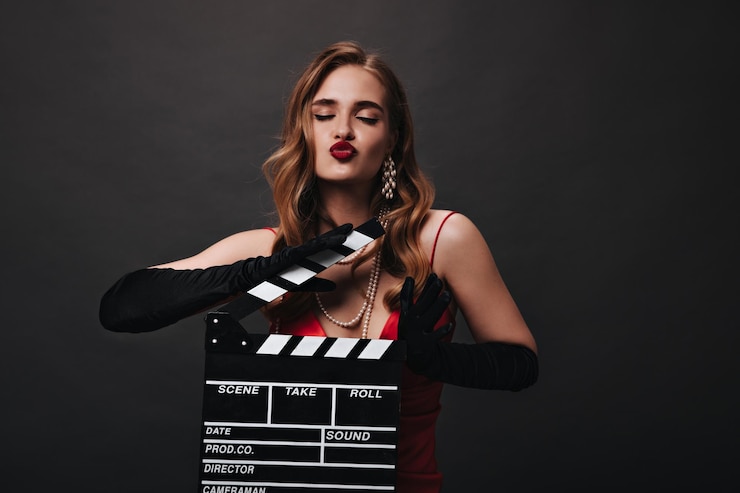 Photo gratuit jolie femme en robe de soie posant avec clap jolie femme en tenue rouge de luxe souffle baiser sur fond noir