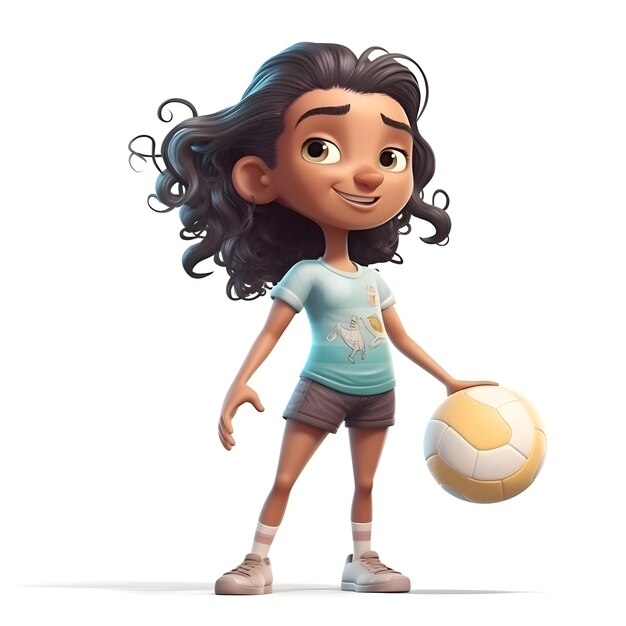 Photo gratuite une jolie fille de dessin animé avec un ballon de football sur un fond blanc