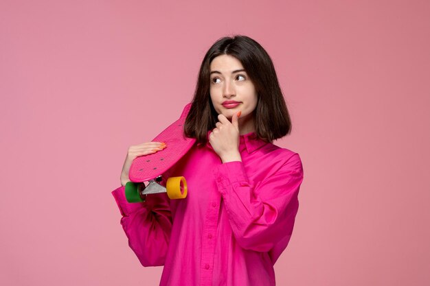 Jolie fille jolie fille adorable en chemise rose avec rouge à lèvres tenant une planche à roulettes