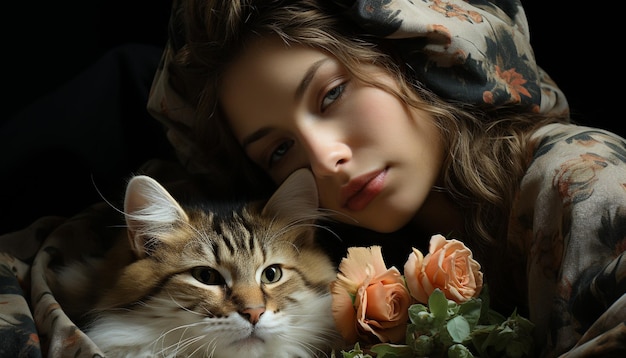 Une jolie fille souriante embrassant un chaton entourée de la nature générée par l'intelligence artificielle