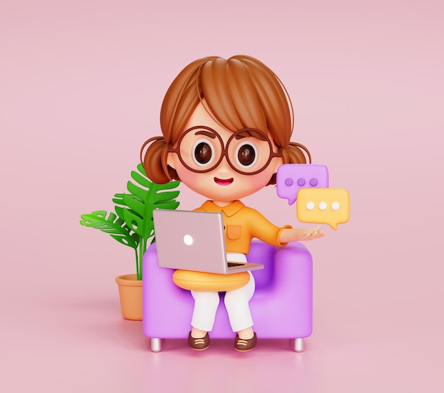 Jolie jeune femme d'affaires travaillant avec ordinateur portable vidéo conférence communication en ligne illustration 3d personnage de dessin animé