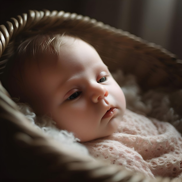 Photo gratuite une jolie nouveau-née dans un panier en osier à l'arrière-plan doux