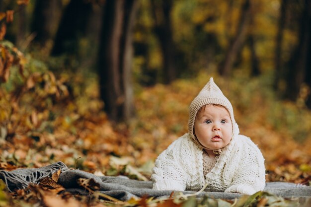 Jolie petite fille allongée sur une couverture dans la forêt d'automne