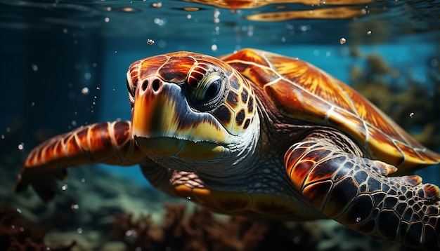 Photo gratuite une jolie tortue de mer nageant dans le récif bleu généré par l'intelligence artificielle